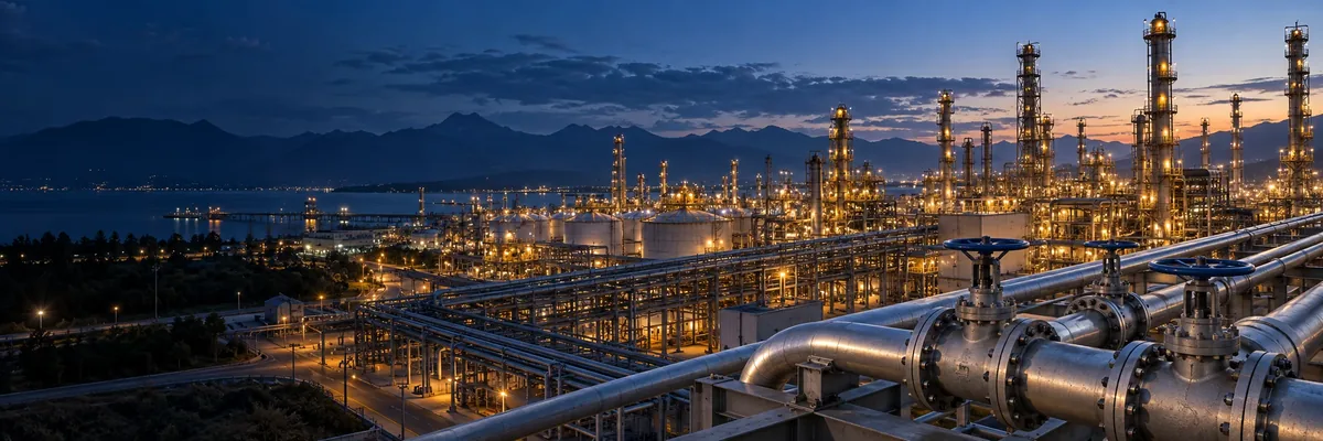 Illustrative panorama of refinery pipelines and industrial valves at dusk